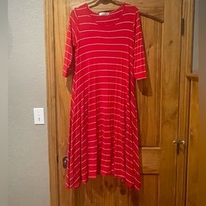 Boutique Red with white pinstripes dress with POCKETS.